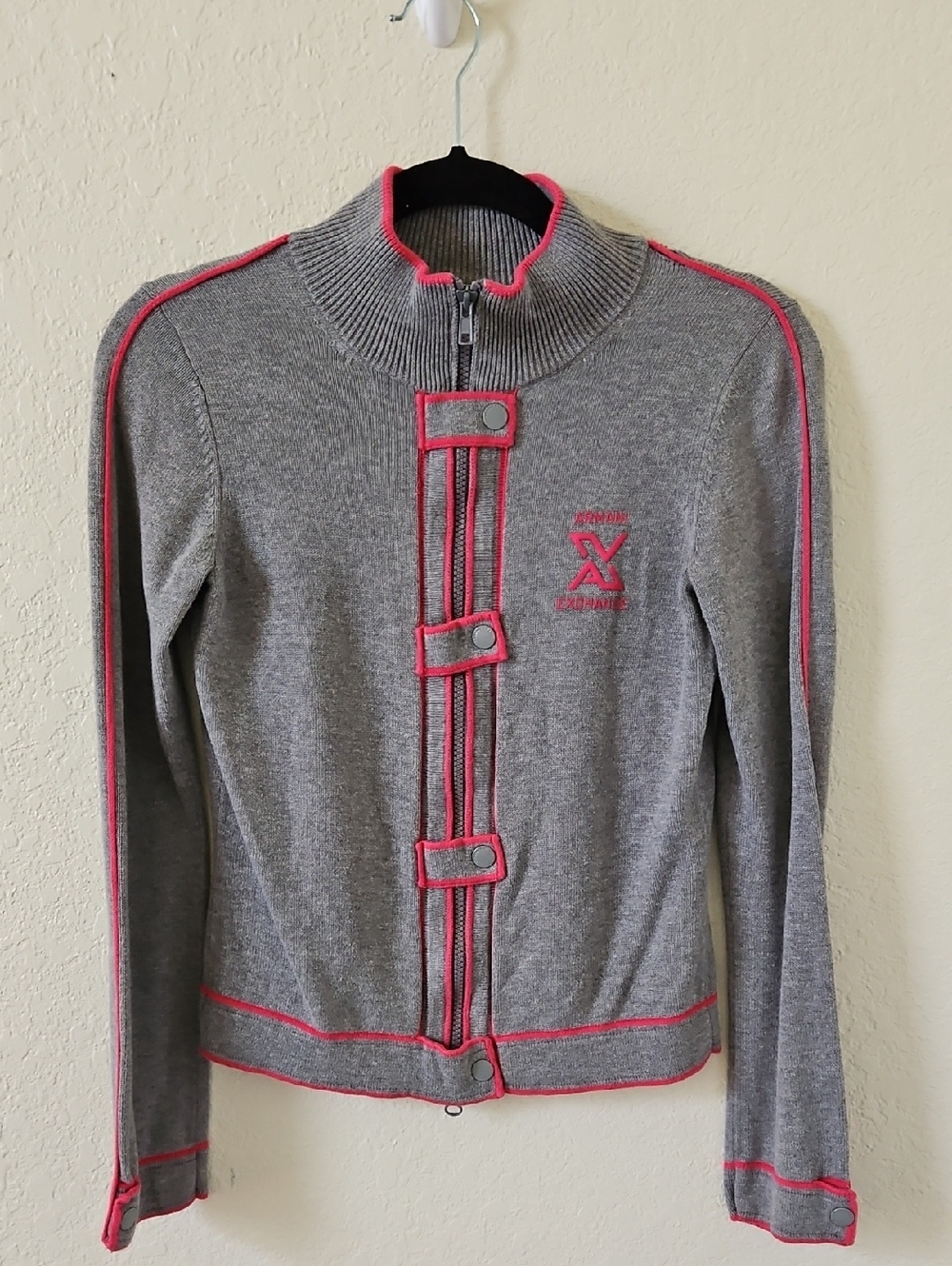 Armani Exchange Gray Zip-Up Sweater with Pink Trim